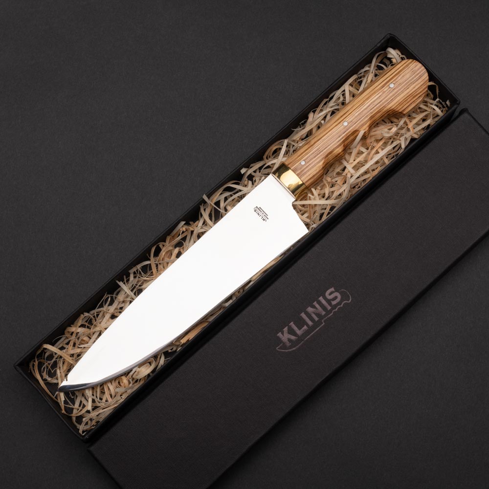 Κλίνης μαχαίρι του σεφ με ανοξείδωτο ατσάλι και λαβή από ξύλο ζεμπράνο μέσα σε χάρτινο κουτί